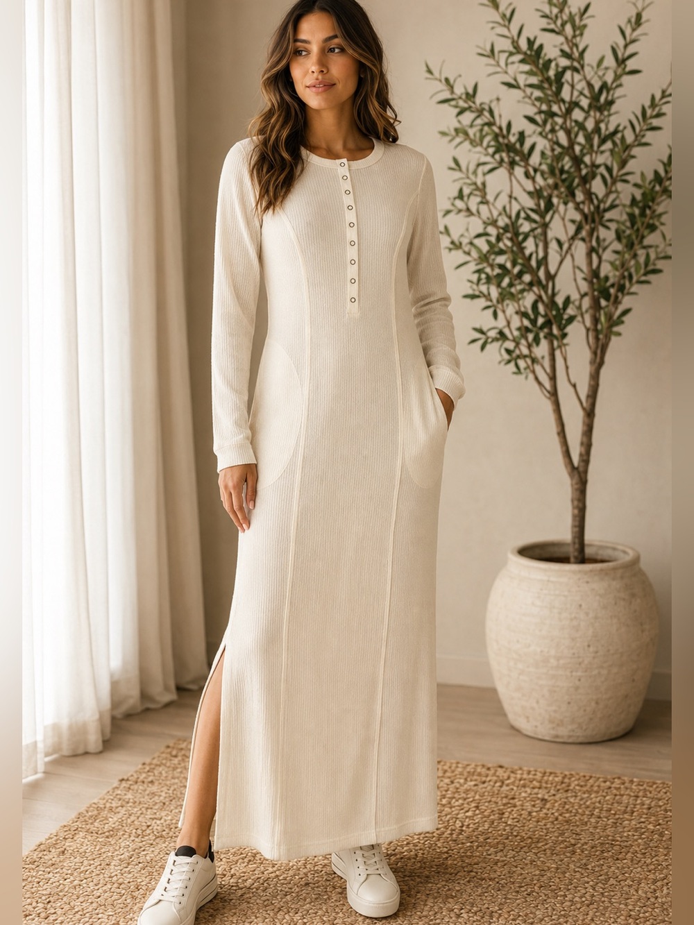 NWT C&V Chelsea & Violet Cream Thermal Henley Maxi Dress Juniors L